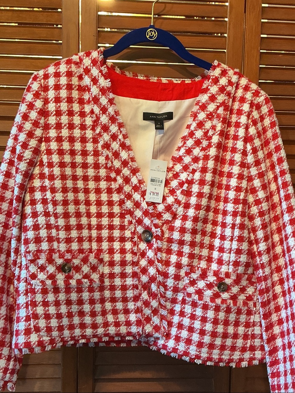 Ann Taylor Red & White Gingham Tweed Cropped Jacket